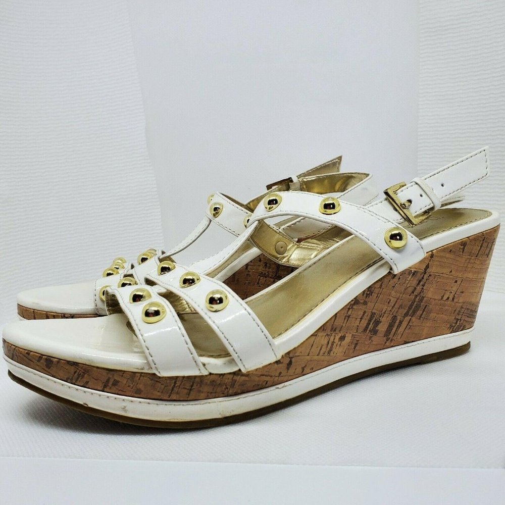 Dexter White Madison Size 8.5 Gold Studded Open-Toe Wedge Platform Sandals Shoes
